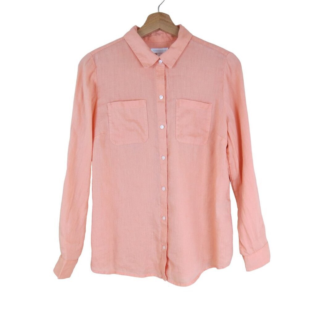 CHARTER CLUB Women's Orange Linen Button Up Shirt Roll Tab Long Sleeve Size PM